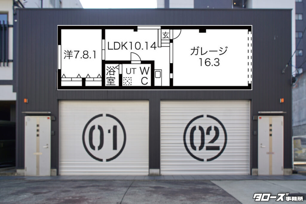 物件名：S-Garage Ajito
所在地：名古屋市中区松原2-5-5
最寄駅：鶴舞製 大須観音駅 徒歩9分
タイプ：賃貸ガレージハウス（1LDK・64.71㎡）